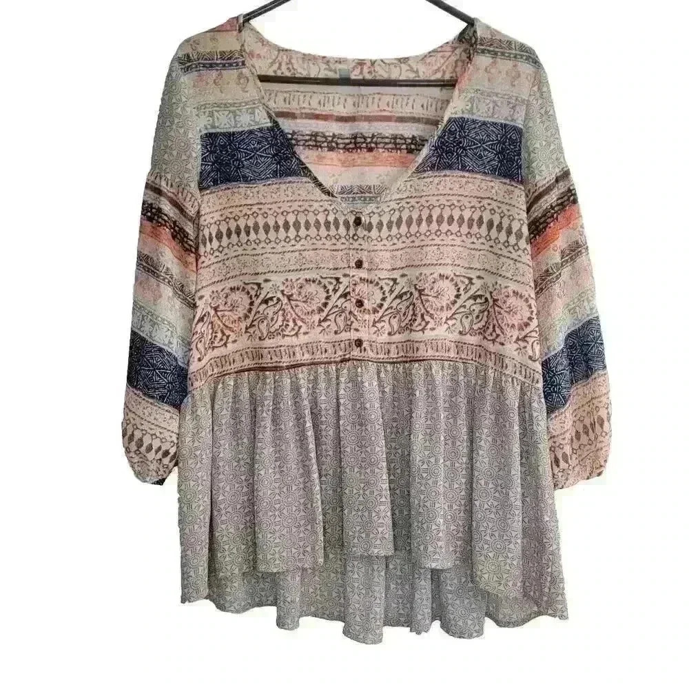 Ecote Womens Top Size M Semi Sheer Boho Blouse Babydoll Festival Peasant Hippie
